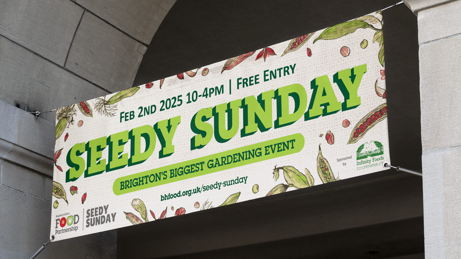 McQ Design freelance graphic designer, Brighton, best campaign designs 2025, Seedy Sunday, Brighton and Hove Food Partnership, banner design