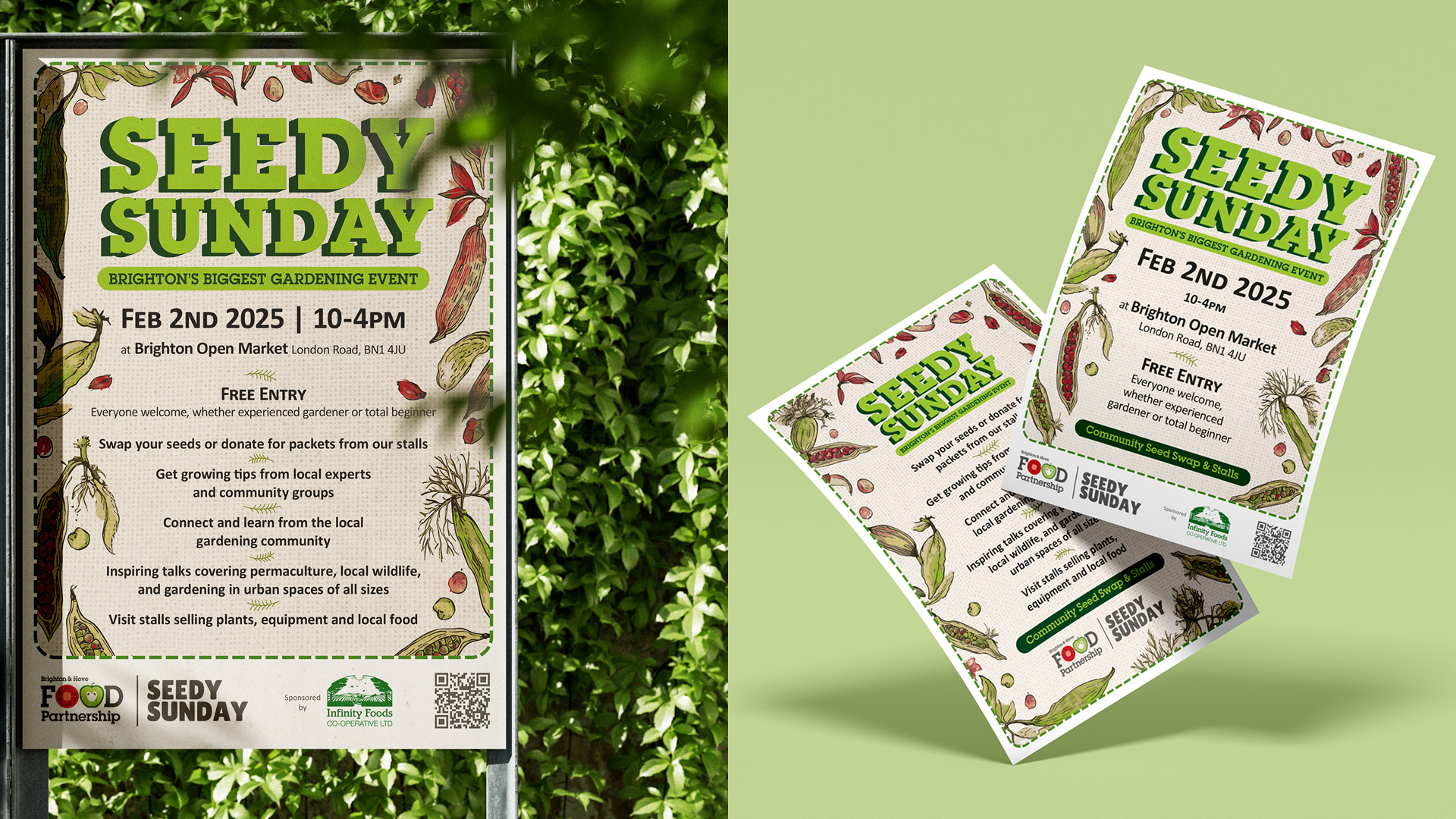 McQ Design freelance graphic designer, Brighton, best campaign designs 2025, Seedy Sunday, Brighton and Hove Food Partnership, poster and leaflet design