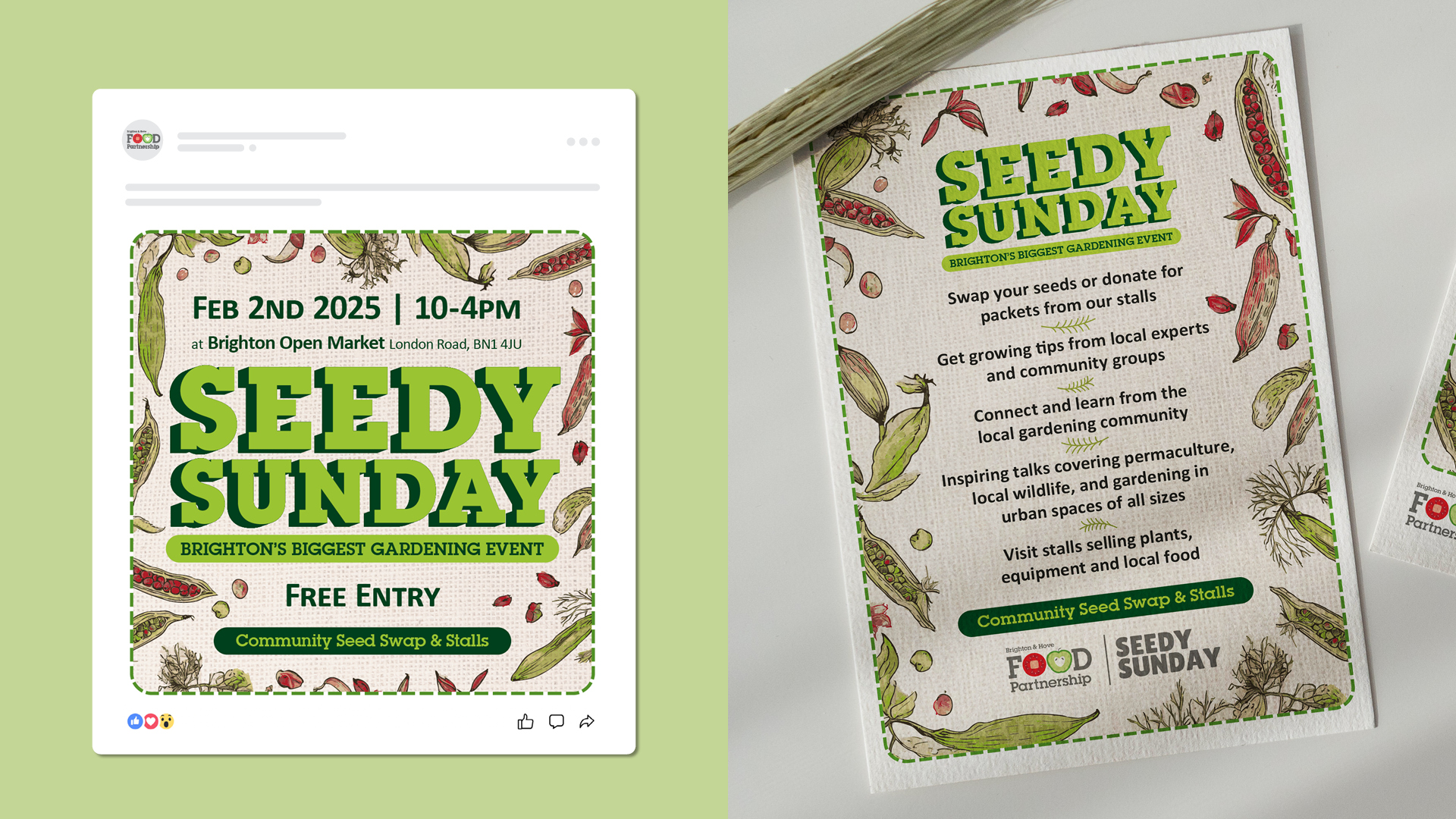 McQ Design freelance graphic designer, Brighton, best campaign designs 2025, Seedy Sunday, Brighton and Hove Food Partnership, social media post and leaflet design